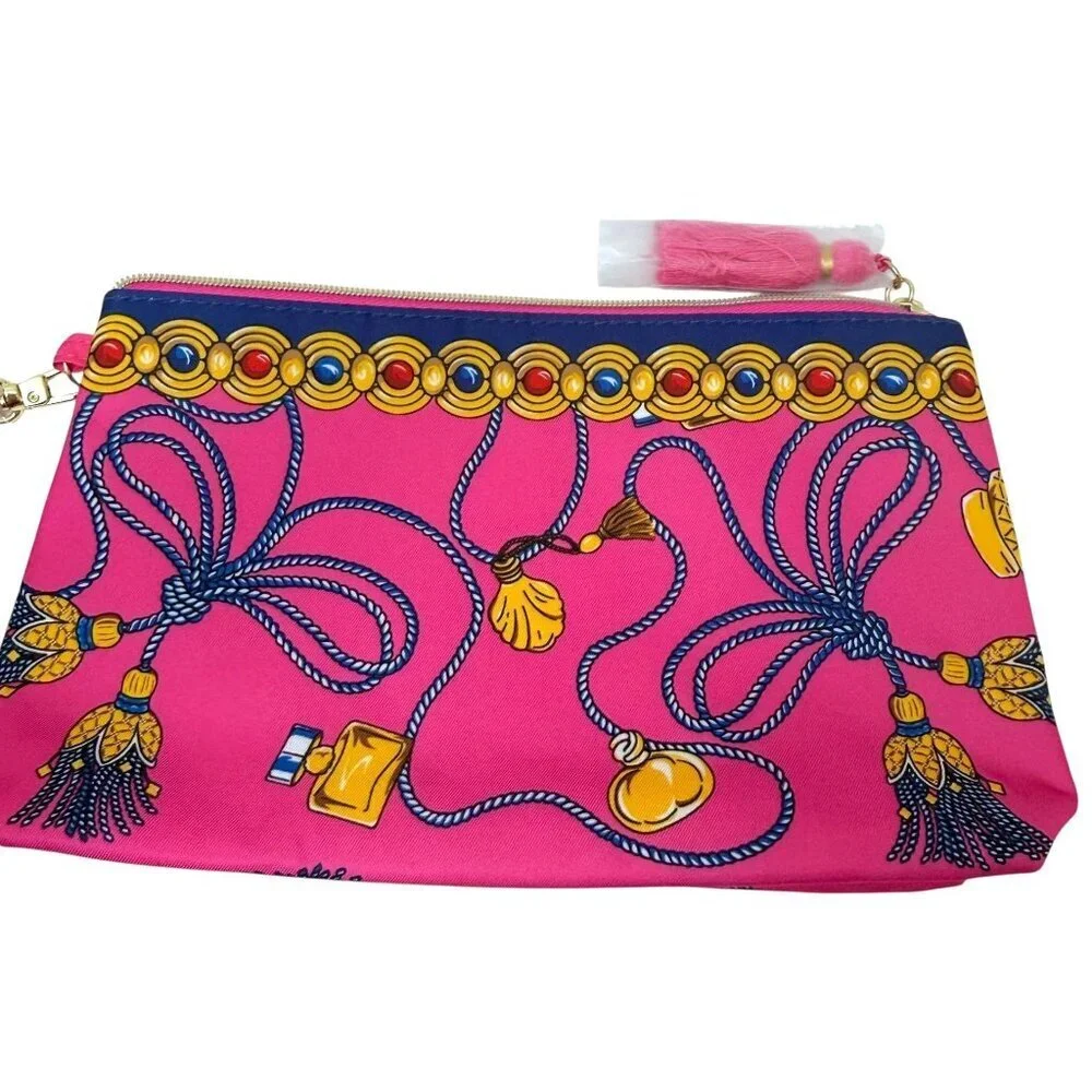 ESTEE LAUDER Set of 2 Cosmetic Makeup Bags Navy Pink Tassel Print